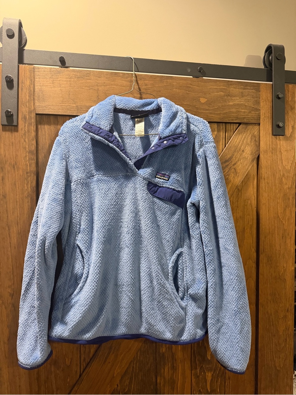 Patagonia Light Blue Fleece Pullover with Navy Trim